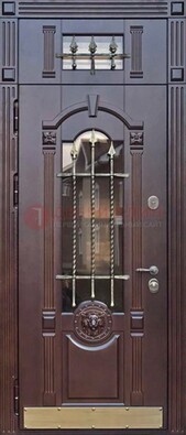Металлическая дверь массив со стеклом и ковкой с фрамугой ДСК-249